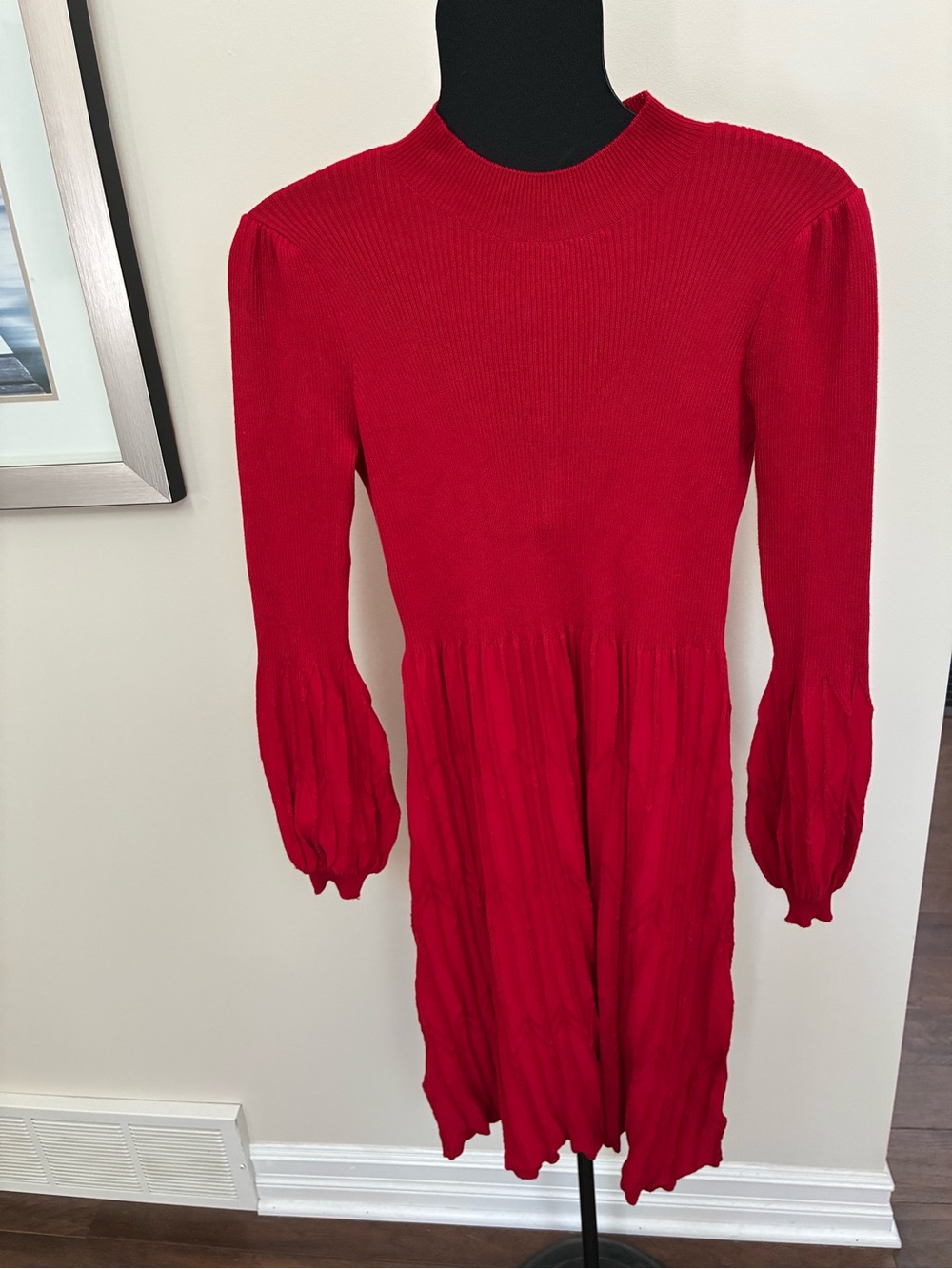 Draper James RSVP Red Ribbed Knit Balloon‎ Sleeve Midi Sweater Dress M